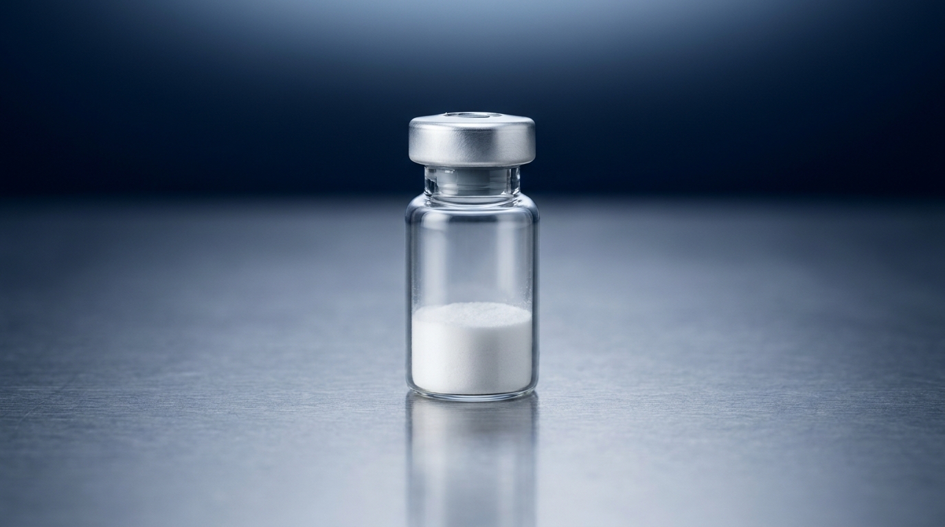 2 ml lyophilized peptide sample vial on a steel surface