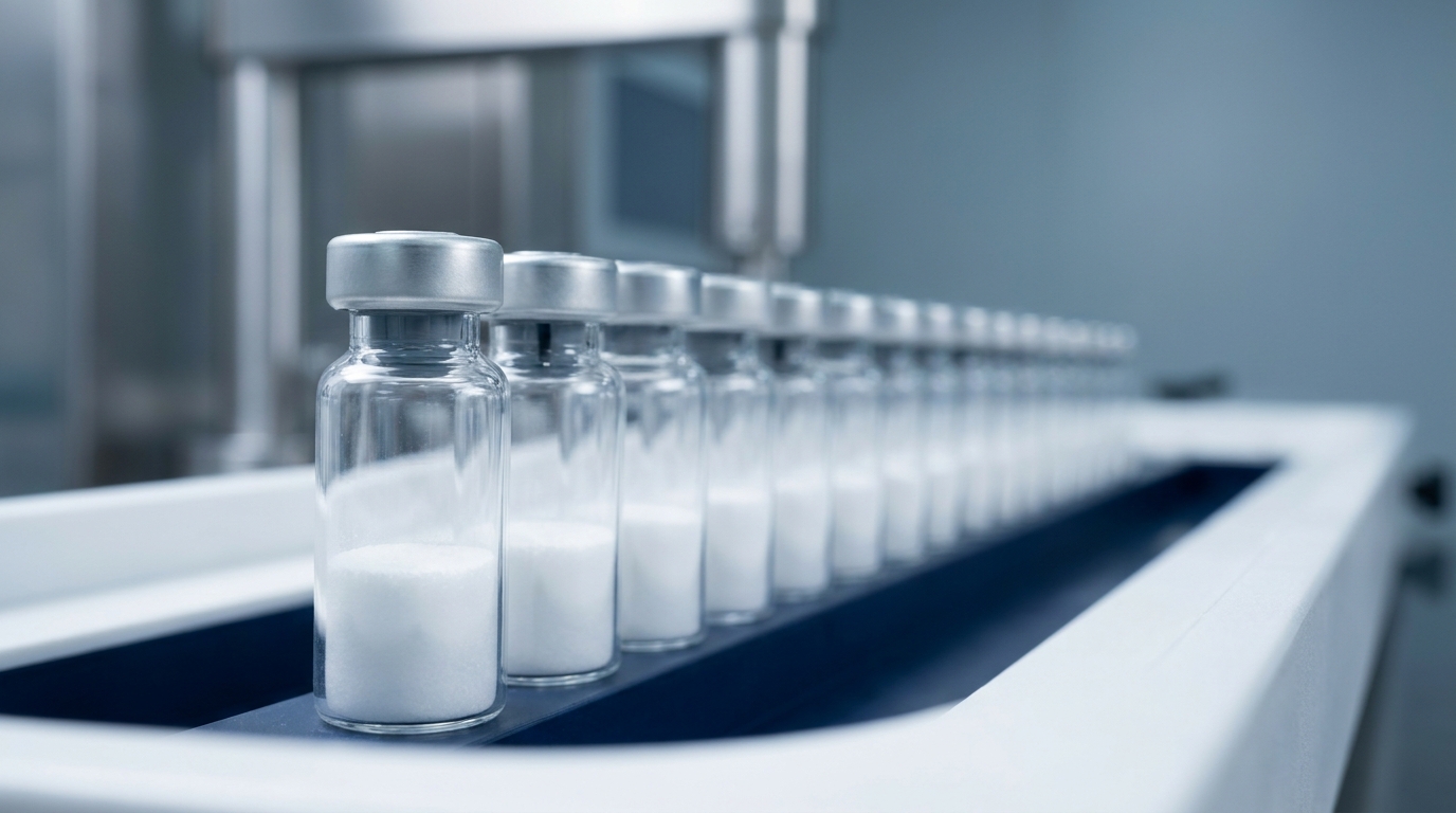Row of identical lyophilized peptide vials on a laboratory tray